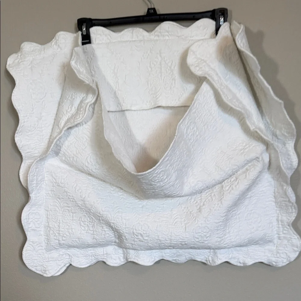 White Quilted Damask Pillow Cushion Covers (2), scalloped edges, 100% cotton.